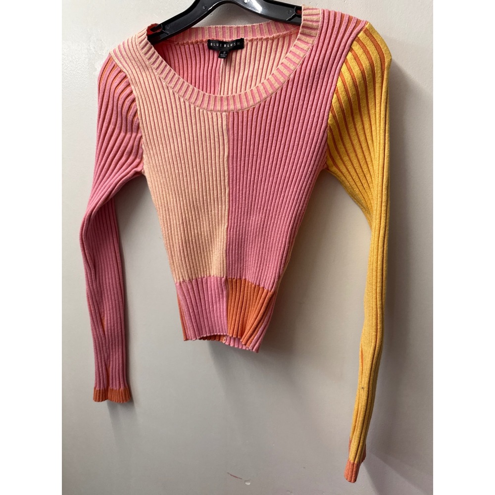 Blue Blush Womens Pink Orange Yellow Colorblock Ribbed Knit Scoop Neck Top Small